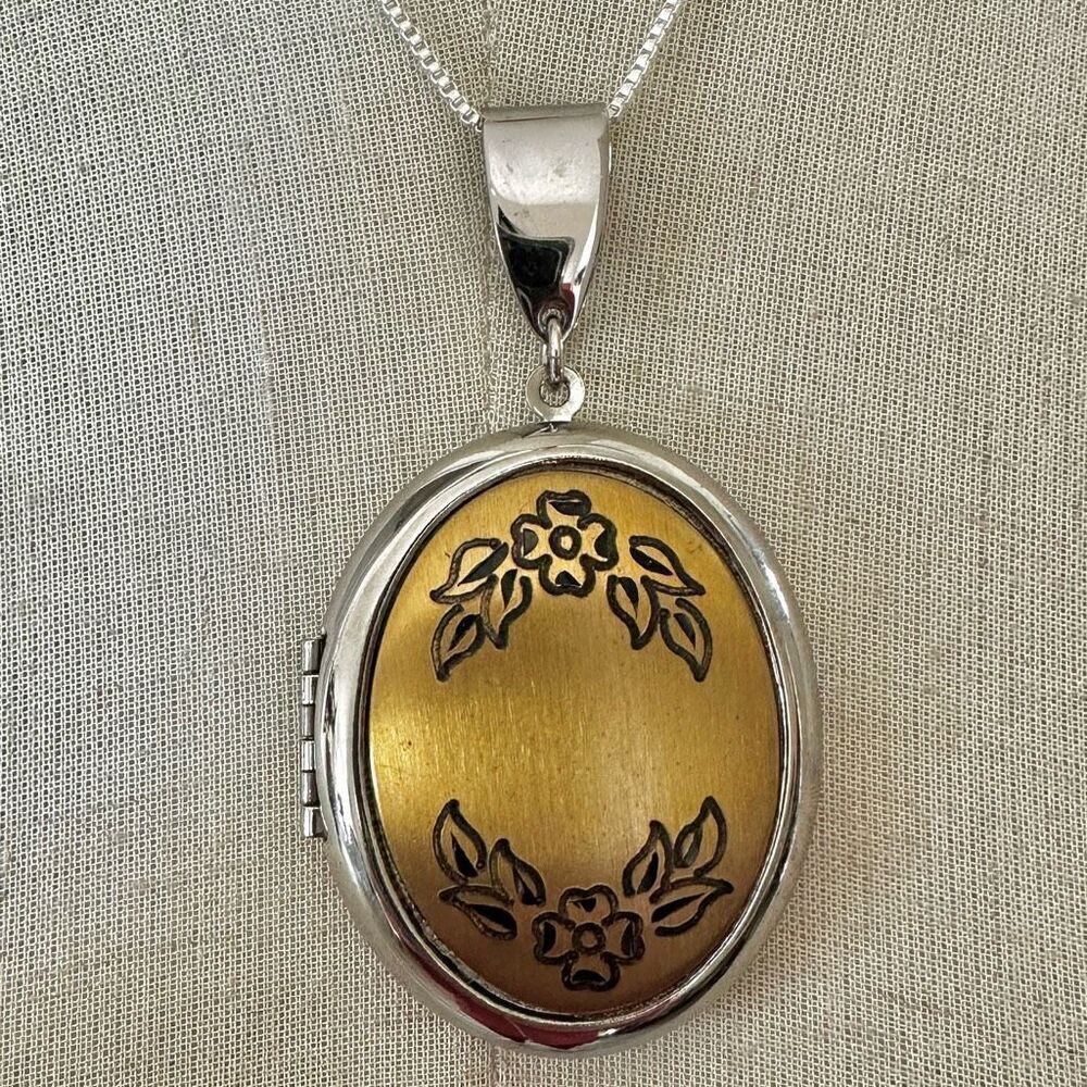 Silver and gold tone large floral pendant necklace
